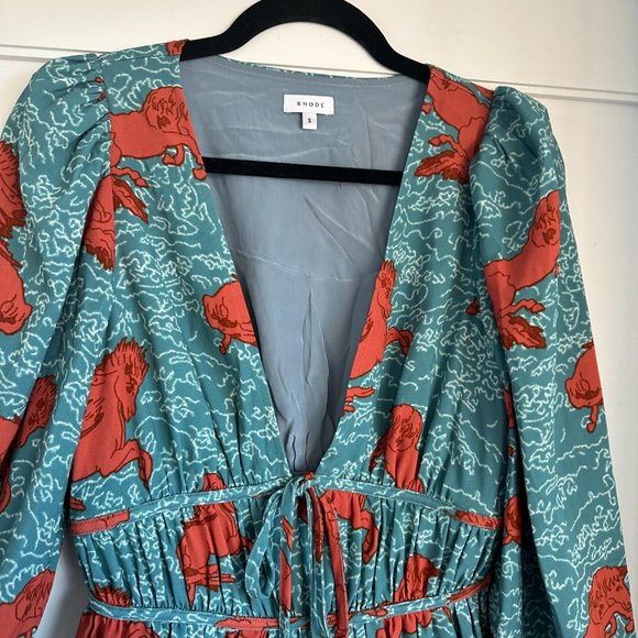 Rhode Mini Dress Velvet Plunge Neck Long Puff Sleeves Blue Horse Print Sz Small - Picture 6 of 9